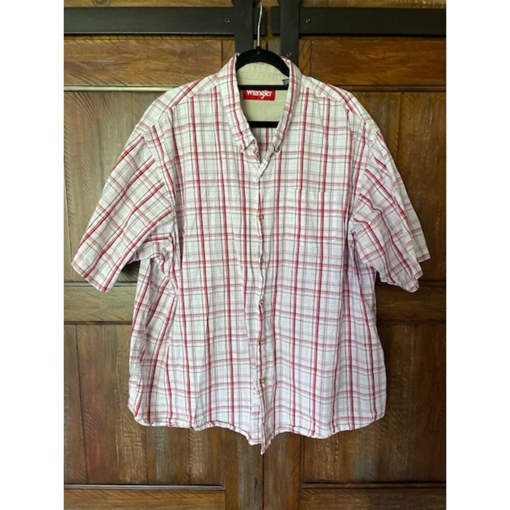 Wrangler Size 3XL Men's Short Sleeve Button Up 100% Cotton Shirt Red White Plaid